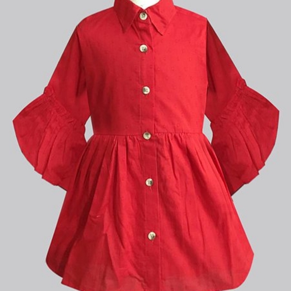 Red Swiss Dot Ruffle-Sleeve Shirt Dress - - Picture 2 of 9